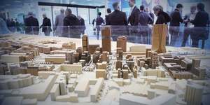 DEtail d& 39 une maquette d& 39 architecte d& 39 un quartier de Marseille exposEe au MIPIM, le marche international des professionnels de l immobilier a Cannes.