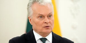Le president lituanien gitanas nauseda lors d& 39 une conference de presse a vilnius